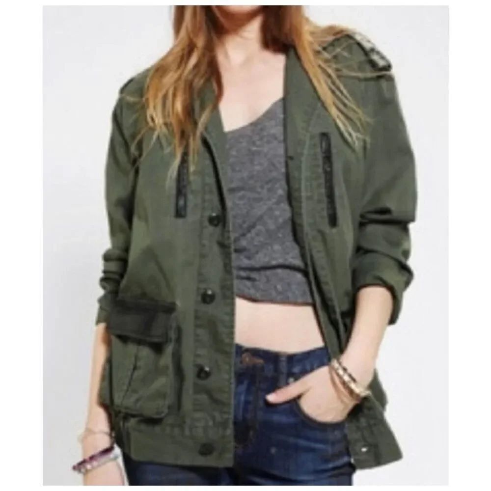 BDG Women’s Olive Green Black Trim Military Utility Jacket sz M EUC